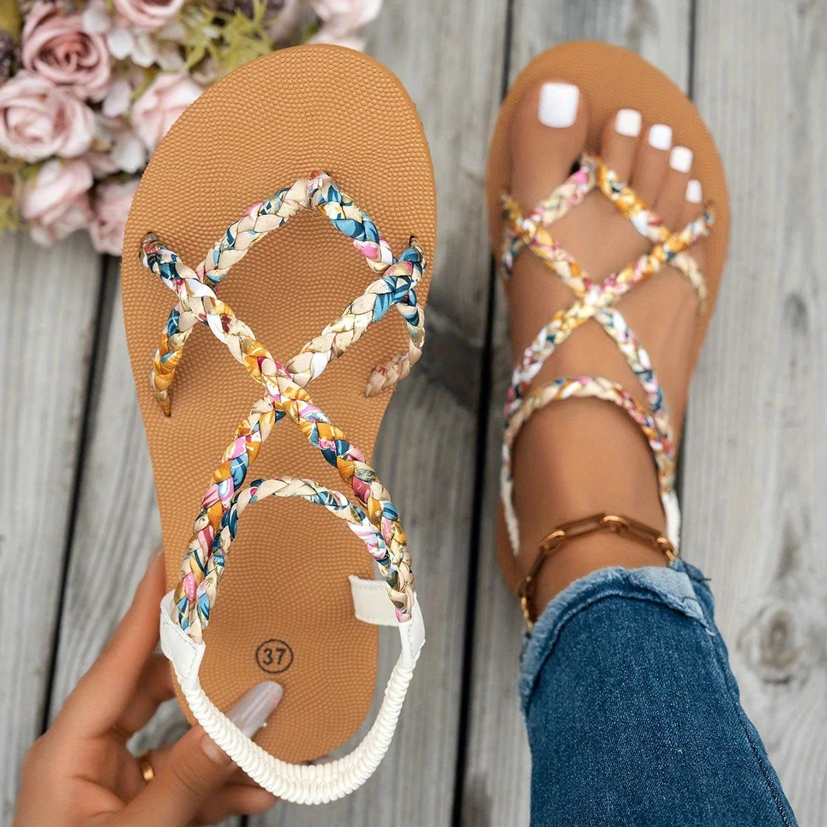 

Floral Printing Flat Sandals for Women Summer 2025 Lightweight Slip On Beach Shoes Woman Braided Band Bohemian Sandalas Mujer