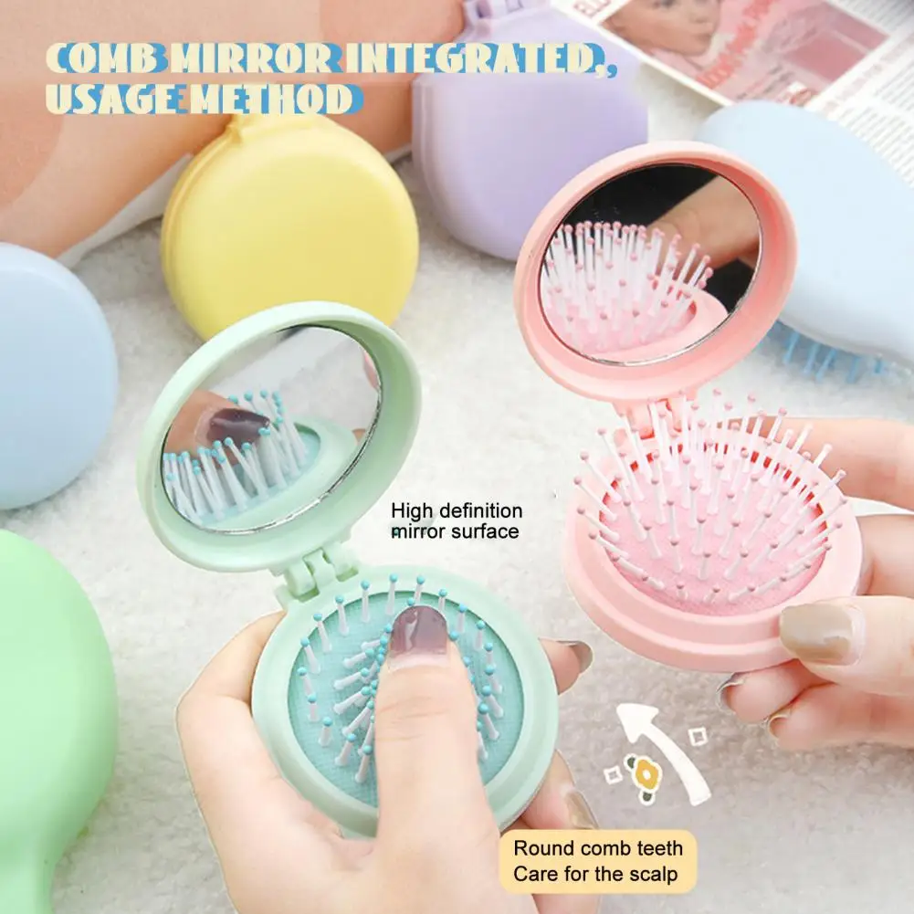 Soft Bristle Hair Brush Portable Folding Air Cushion Comb with Mirror for Tangle-free Hair Cute Candy Color Family for Hair