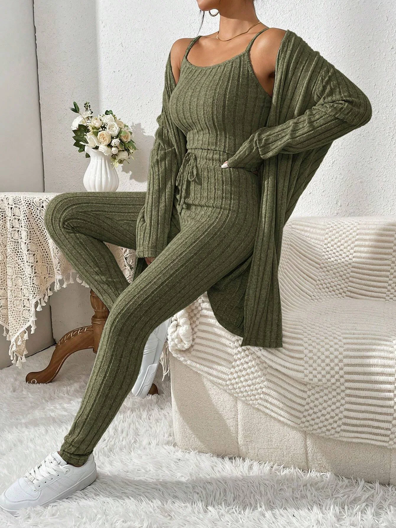 Women 3‑Piece Loungewear Set, Ribbed Cami Top, Drawstring Leggings and Long Open Cardigan
