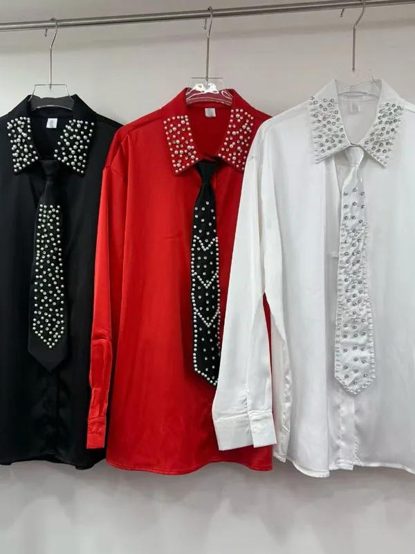 

Новая весенне-летняя женская блузка свободного кроя в корейском стиле с вышитым воротником-стойкой и стразами, повседневная