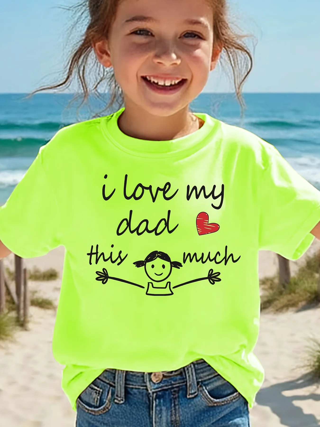 Kids T Shirt I Love My Dad This Much Red Heart Stick Girl Print Day Family Love Graphic Short Sleeve O Neck Soft Cotton Tee Tops