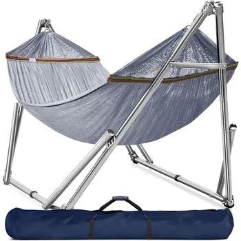 Double Hammock with Stand 650lb Capacity Double Hammock with Spreader Bar, Solid Grade 201 Stainless Steel 30s Set Up,Grey