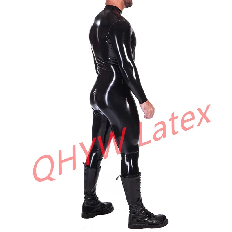 Red and Black Sexy Latex Catsuit with Front Zip Open Hole Codpiece Rubber Bodysuit Zentai Overall