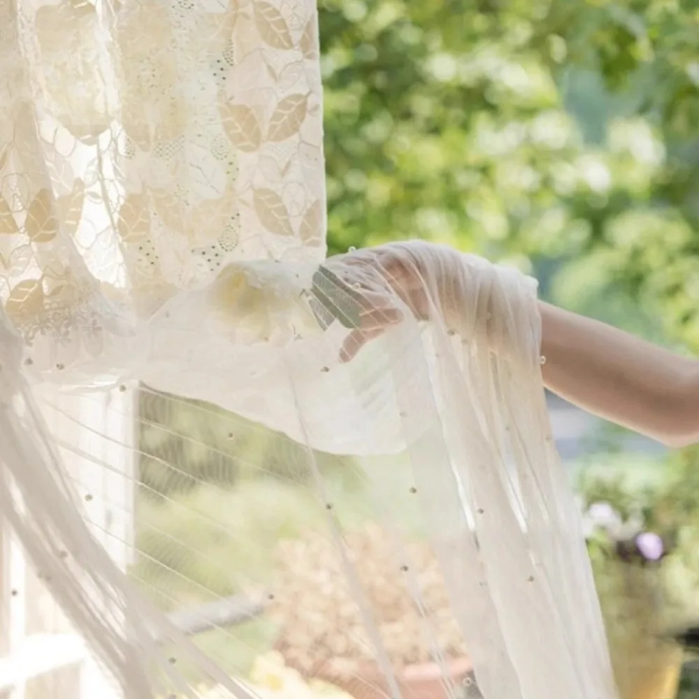 Romantic French Lace Curtains for Bedroom Living Room Patchwork Tulle Gauze Lightweight Soft Apricot White Vintage Luxury Drapes