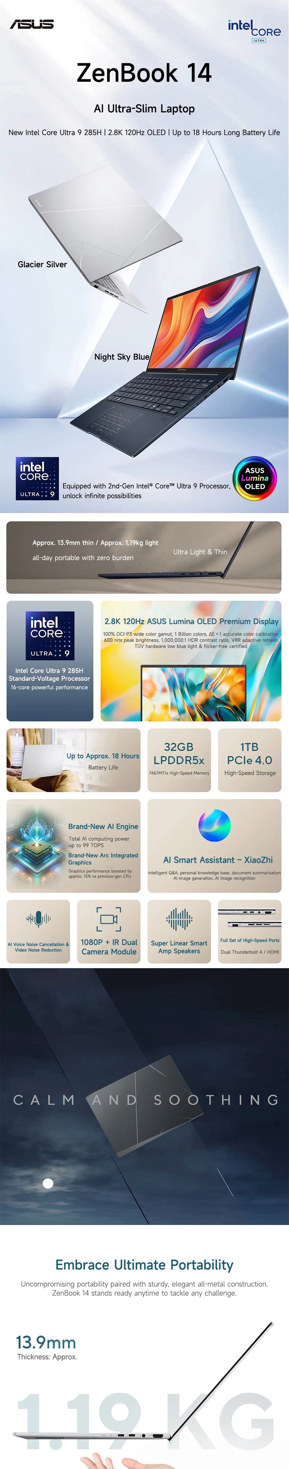 ASUS ZenBook 14 Laptop 14-inch Intel Core Ultra 9 285H 32GB 1TB/2TB 2.8K 120Hz OLED Notebook Computer