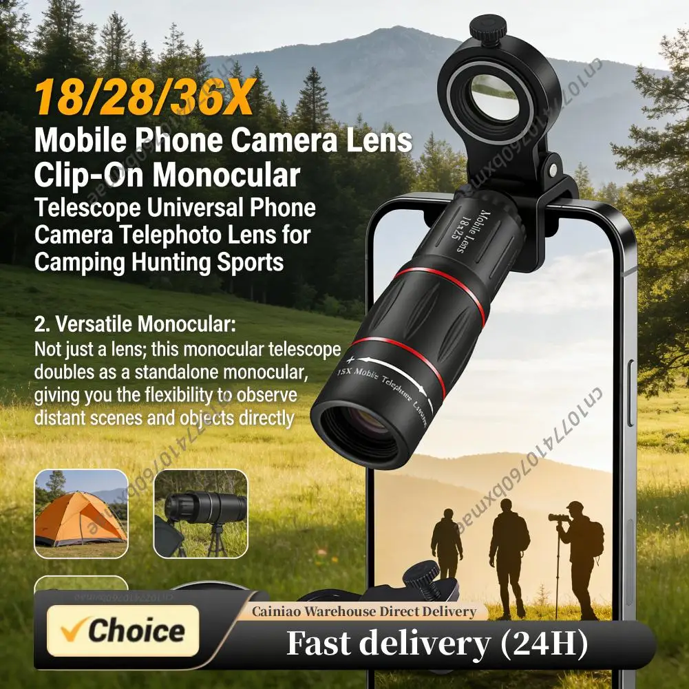 

18/28/36X Mobile Phone Camera Lens Universal Zoom Monocular Telescope Phone Camera Telephoto Lens for Camping Hunting Sports