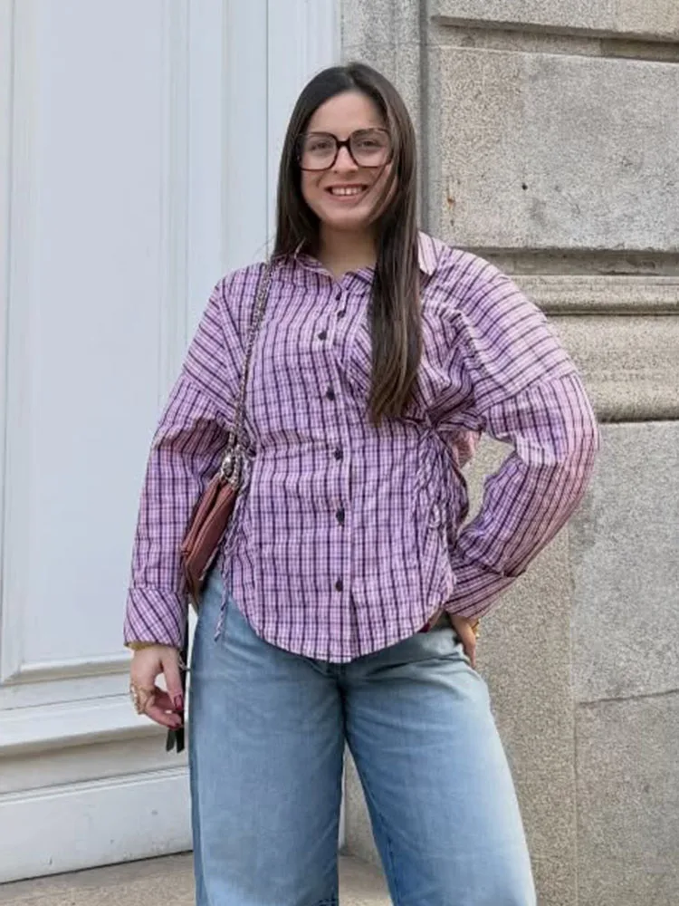 

HH Women Spring Fashion Versatile Multi-Wear Lapel Plaid Long Sleeve Shirt Female Elegant Bow Tie Pocket Decoration Shirt Mujer