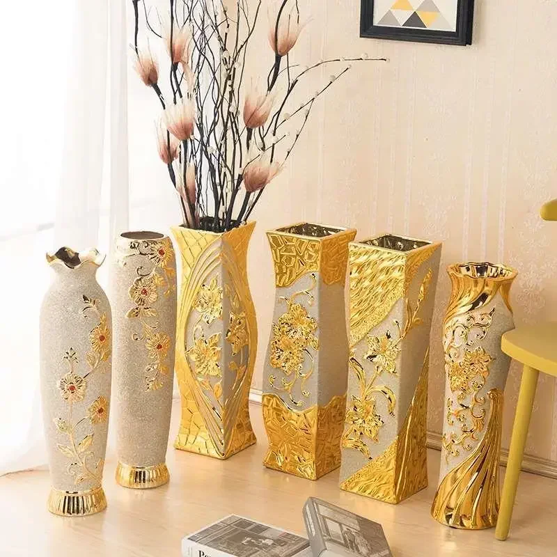 Gold Nordic Ceramic Vase Dried Flower Aesthetic Luxury Ikebana Modern Floor-standing Vase Plant Jarrones Design Home Decor FYV