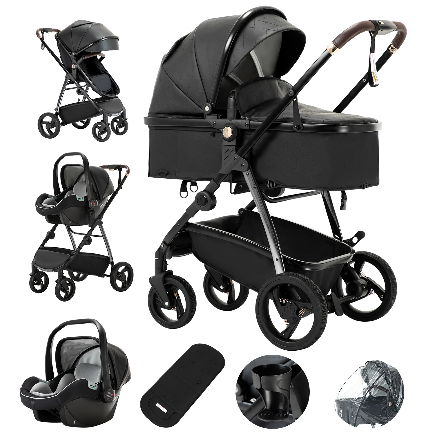 3-in-1 kinderwagen Draagbare luxe reiswagen Hoge landschap pasgeboren kinderwagen met draagzak PU-leer