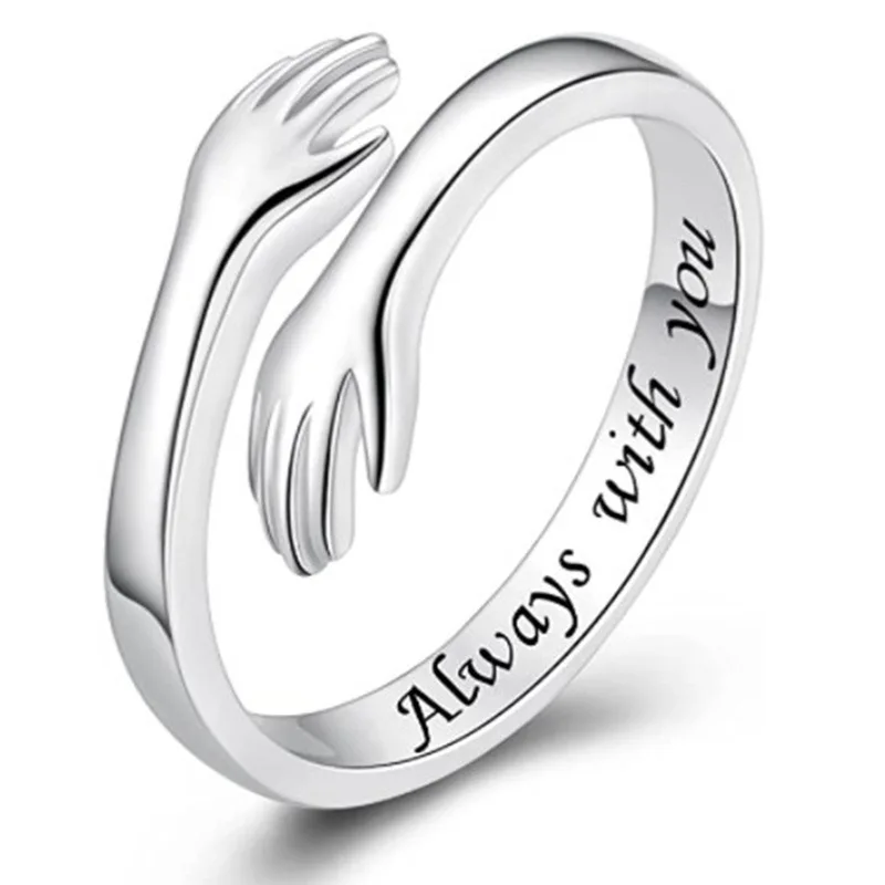 Personality Lettering Warmly Embrace Ring For Women Gold/Silver Color Metal Geometric Love Hug Hands Open Rings Couples Jewelry