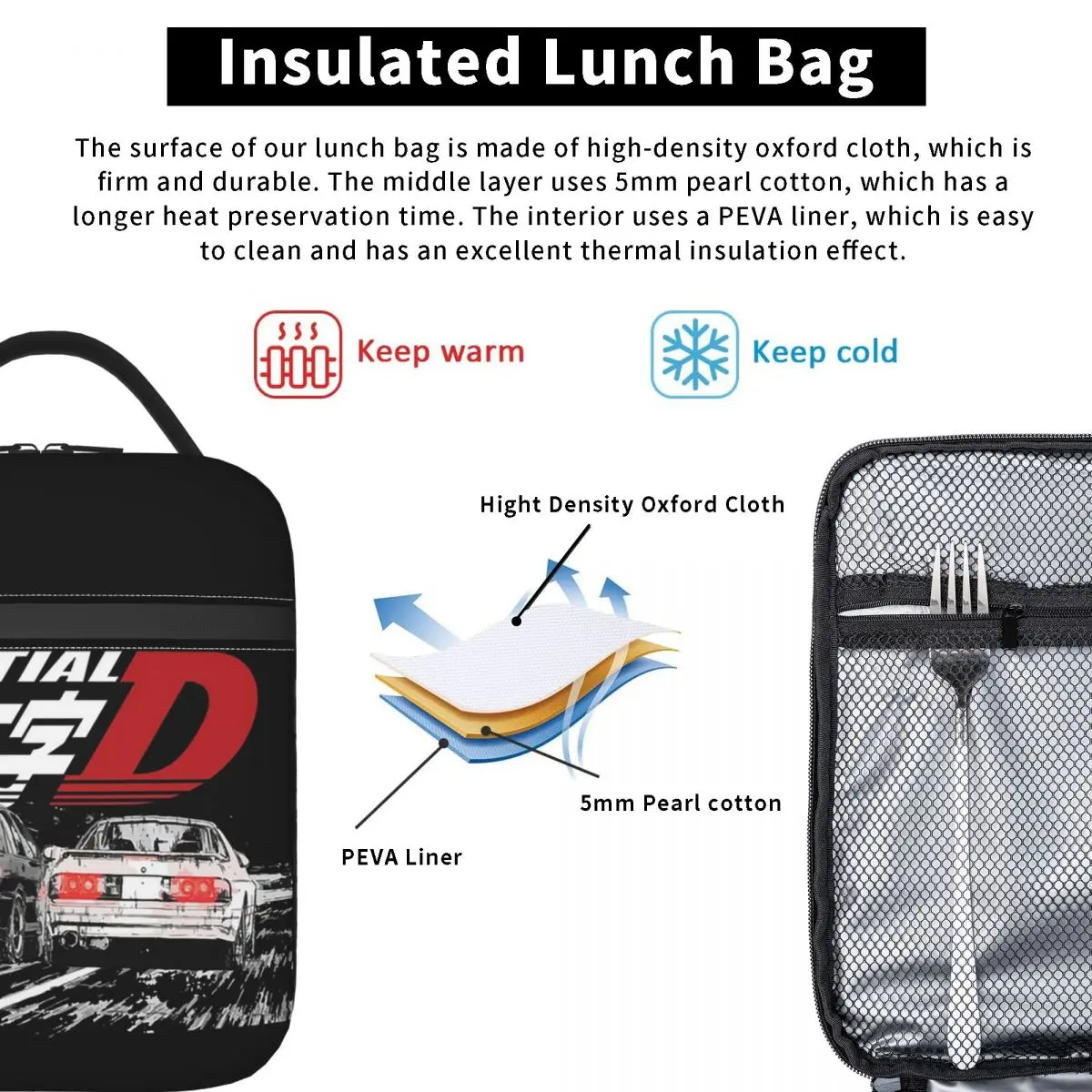 Initial D - Mountain Drift Racing Tandem Takahashi Insulated Lunch Bag Women Children Portable Food Boxes Thermal Lunch Box Tote