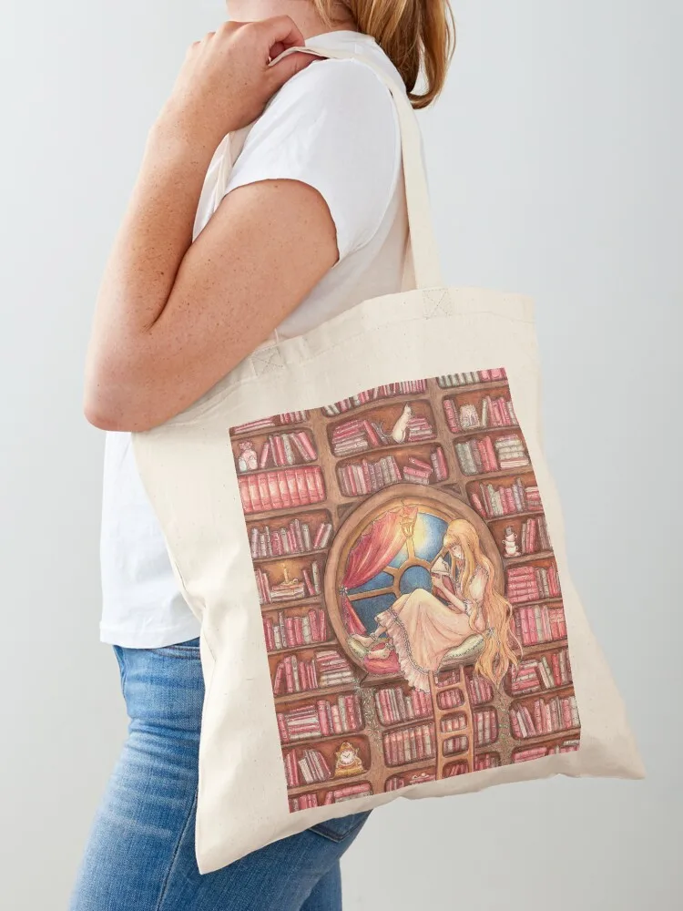 Book nook - Book lover girl reading in a library Tote Bag eco bag folding Women's handbag Women's bags university shopper bag