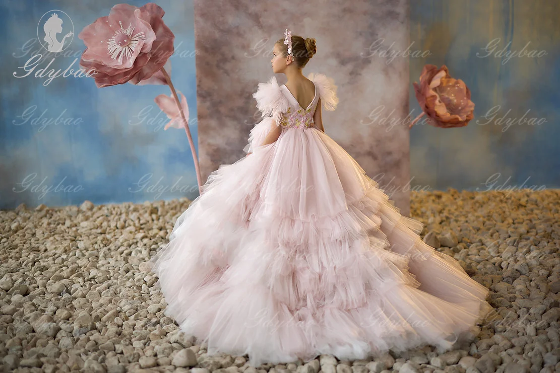 Robe de demoiselle d'honneur en tulle gonflé pour mariage, appliques de princesse, fête d'anniversaire pour enfants, robe de Rhde première communion, rose clair