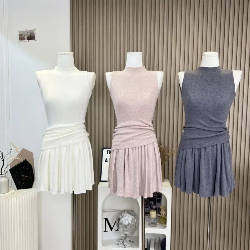 

Temperament Fashion Knit Top Pleated Skirt Two-piece Set Women Irregular Shirring O-neck Solid Sleeveless Slim Summer Lady Suit