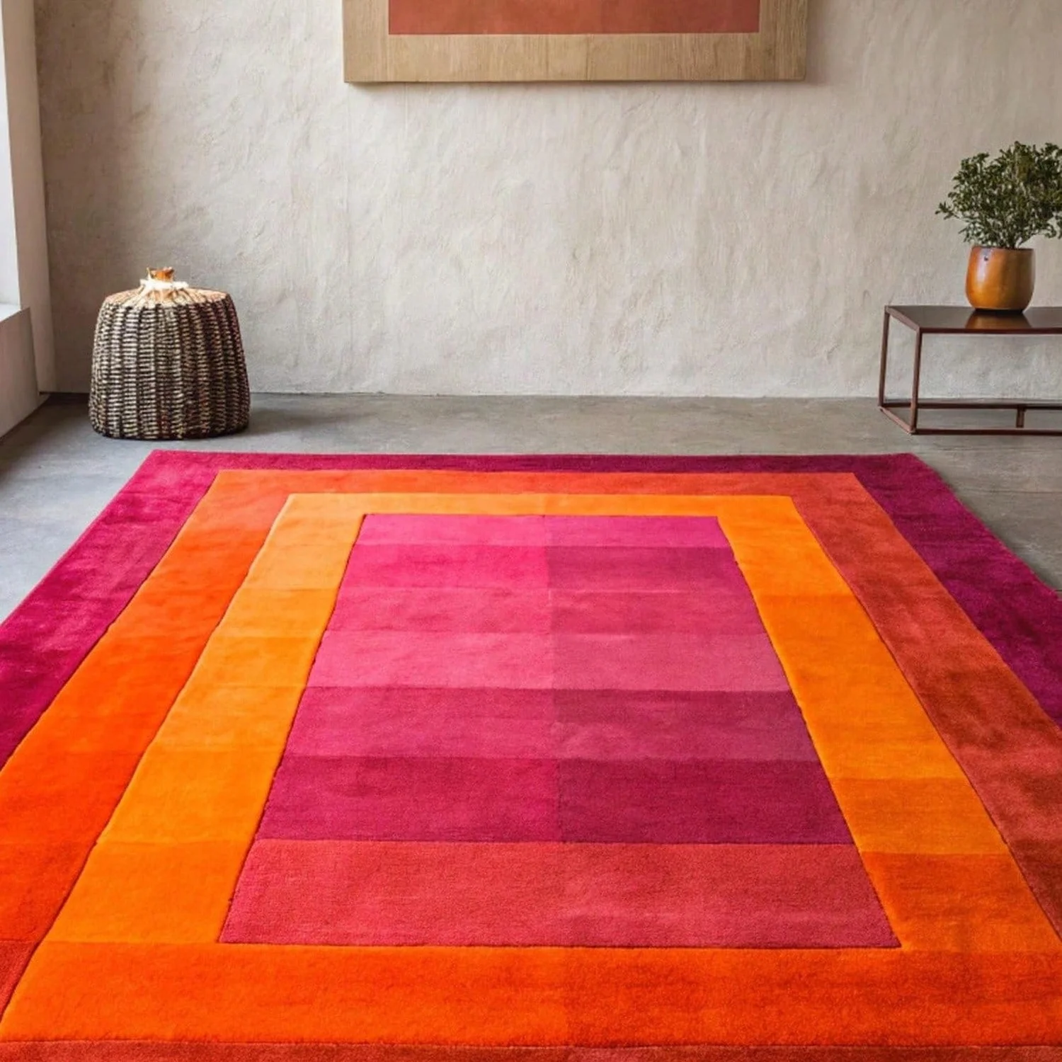 Carpets, Bold Magenta Orange Border and Tufted Carpets, Geometric Wool Living Room Carpets, Area Rugs.