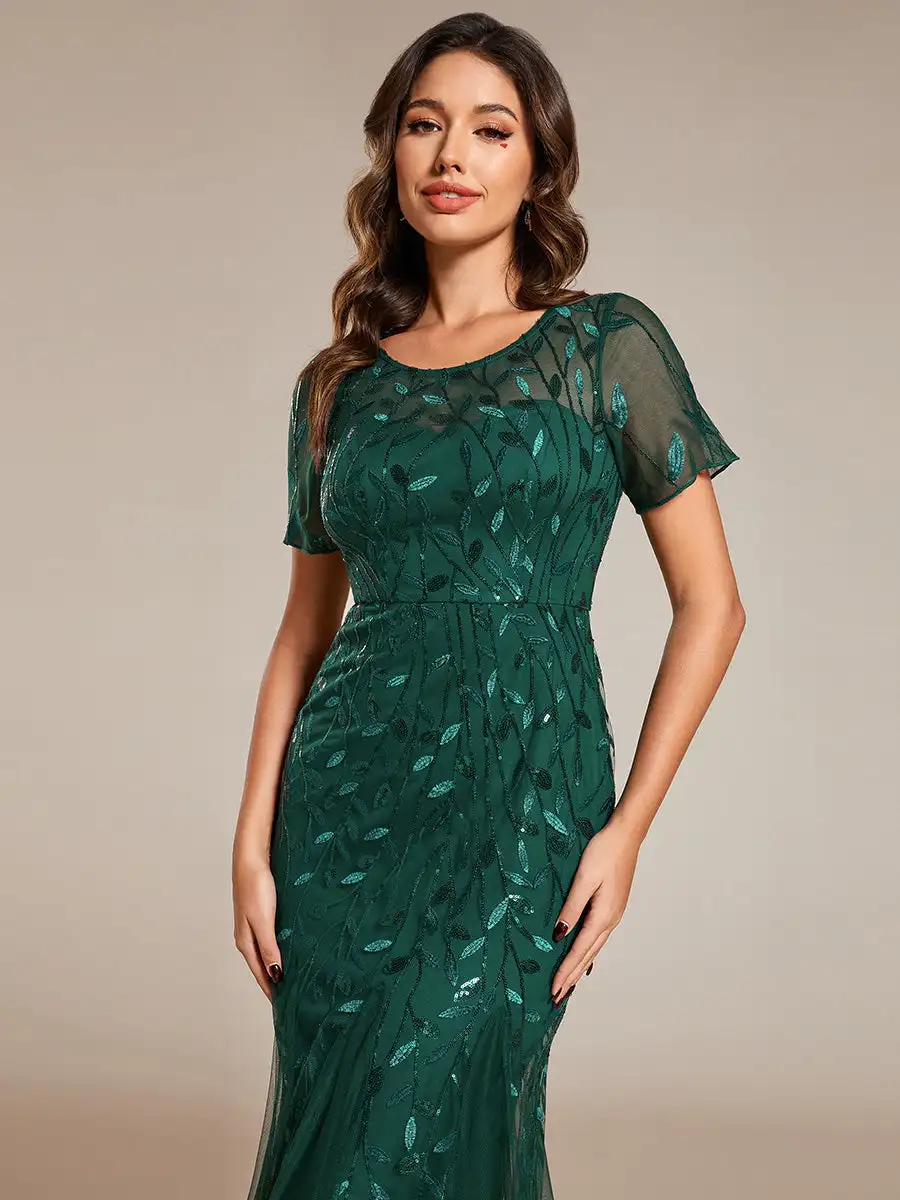 Vestidos de Noche elegantes con cuello redondo, longitud hasta el suelo de sirena, 2024 de color verde oscuro, vestido de tul con cola de pez brillante para fiesta