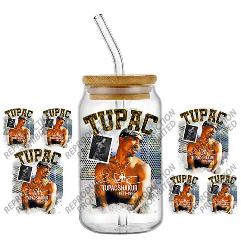 Popular Rapper Superstar TUPAC 2Pac 16oz UV DTF 3D Transfer Wraps Sticker Decals For Glass Can Cup Fashion Craft DIY Creative