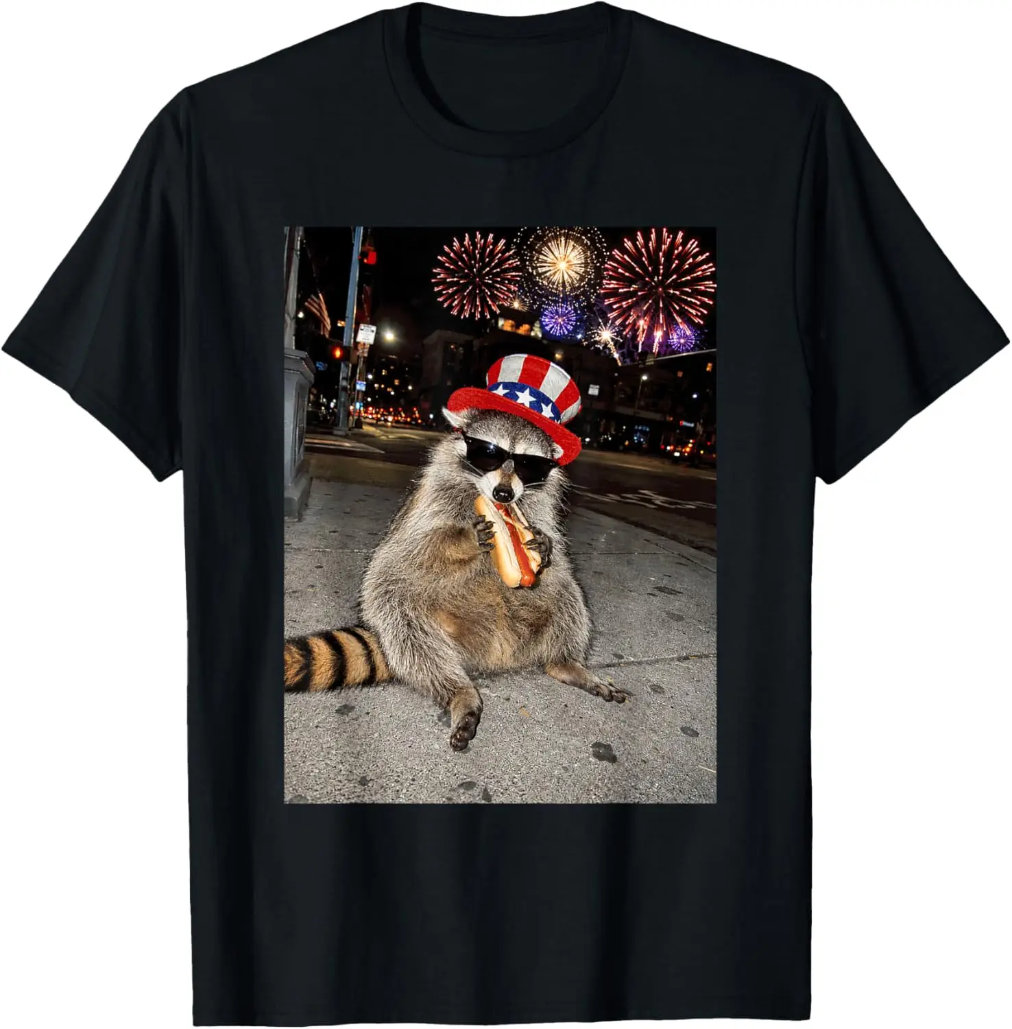 Funny Raccoon Eating Hot Dog 4Th Of July Men Women Kids T-Shirt 100% Cotton Trendy Y2K Short-Sleeve Tee-Soft, Quick-Drying,