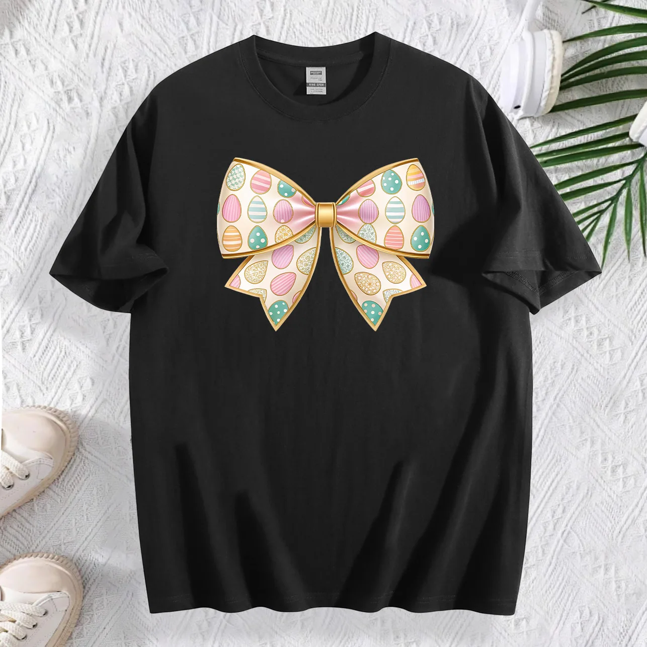 T-Shirt manches courtes col ras du cou pour femme, 100% coton, avec nœud d'œuf de pâques, couleur or, décontracté, vêtements quotidiens d'été