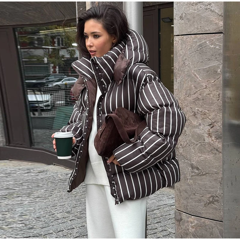 2026 Winter Autumn Stripe Cotton Padded Jacket For Women Warm Long Sleeve Zipper Hooded Coats Lady Street Chic Outdoor Outerwear
