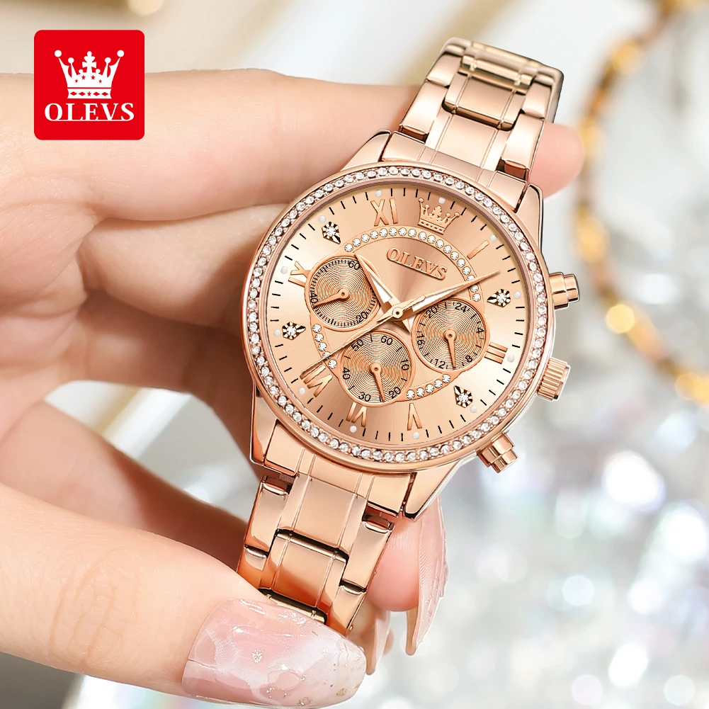 OLEVS TY715 Women Watch Top Luxury Brand Original Quartz Watch All Gold Diamond Classic Waterproof Three Small Dial Chronograph