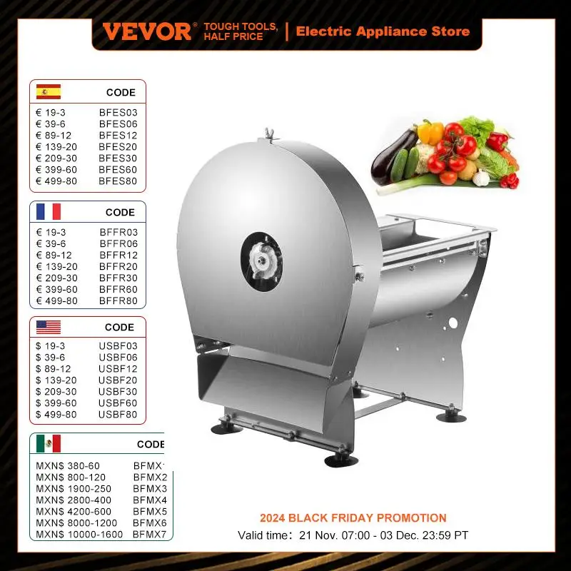 VEVOR Electric Vegetable Cutter 10Inch Stainless Steel Commercial Adjustable Automatic Fruit Shredder Home Jerky Meat Slicer