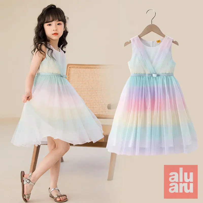 

Girls' Dress Summer Dress New Korean Version of Children's Rainbow Princess Dress Pongpong Gauze Dress Sundress