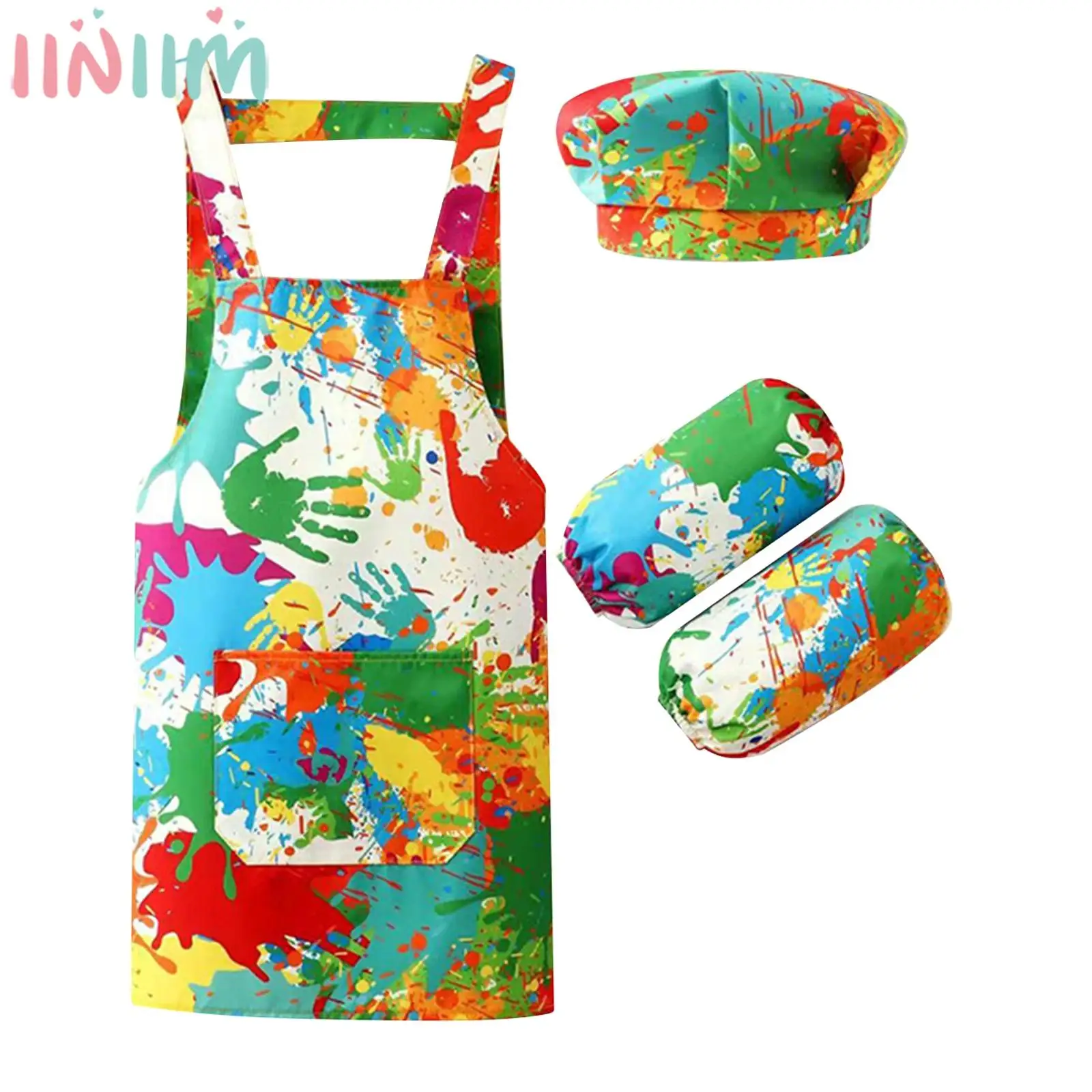 Children Waterproof Apron Cooking Baking Eating Drawing Cover Bib with Hat Arm Sleeve Artist Chef Cosplay Costume Accessories