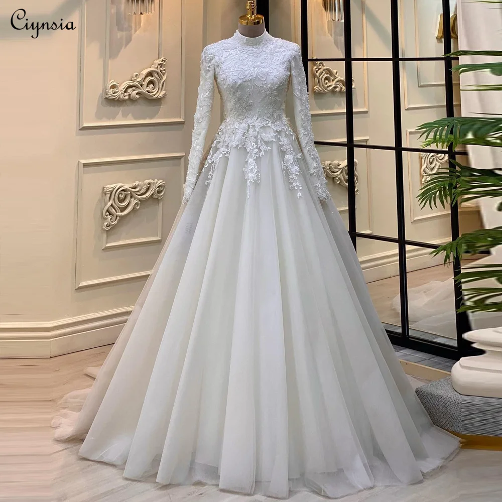 

Ciynsia индивидуальное кружевное мусульманское свадебное платье с длинными рукавами для невесты 2025, свадебное платье трапециевидной формы с высоким воротом Robe De Soirée De Mariage