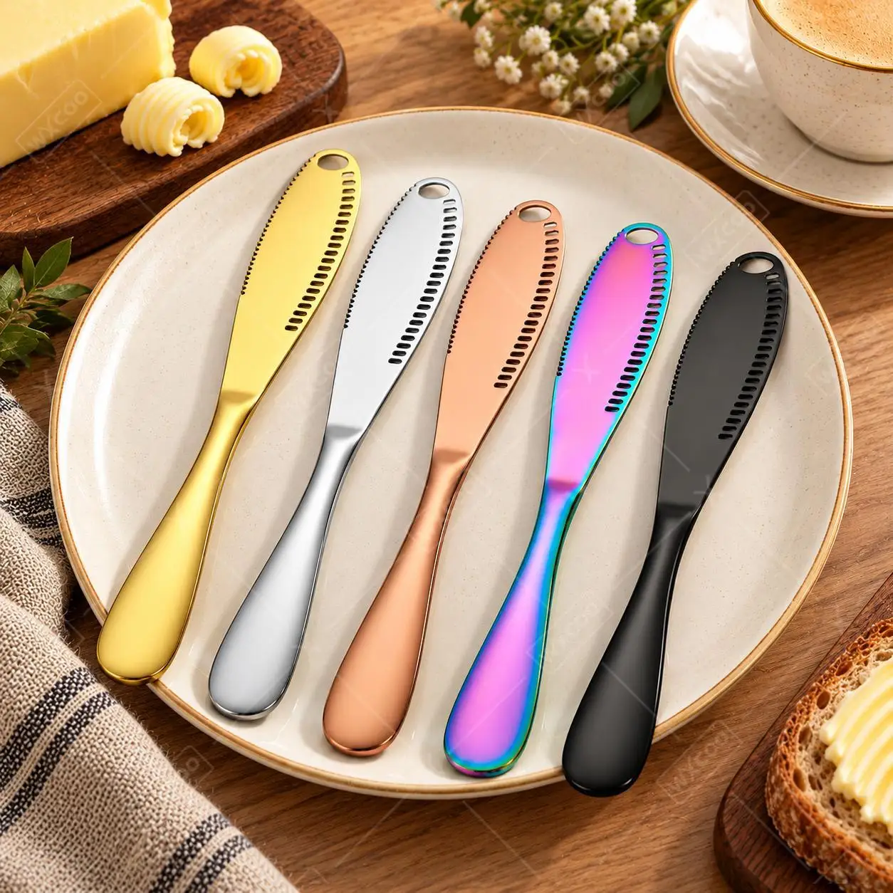 WXCOO Stainless Steel Cheese Spreader with Holes Serrated Butter Knife Cream Jam Bread Condiment Knives Tableware for Home