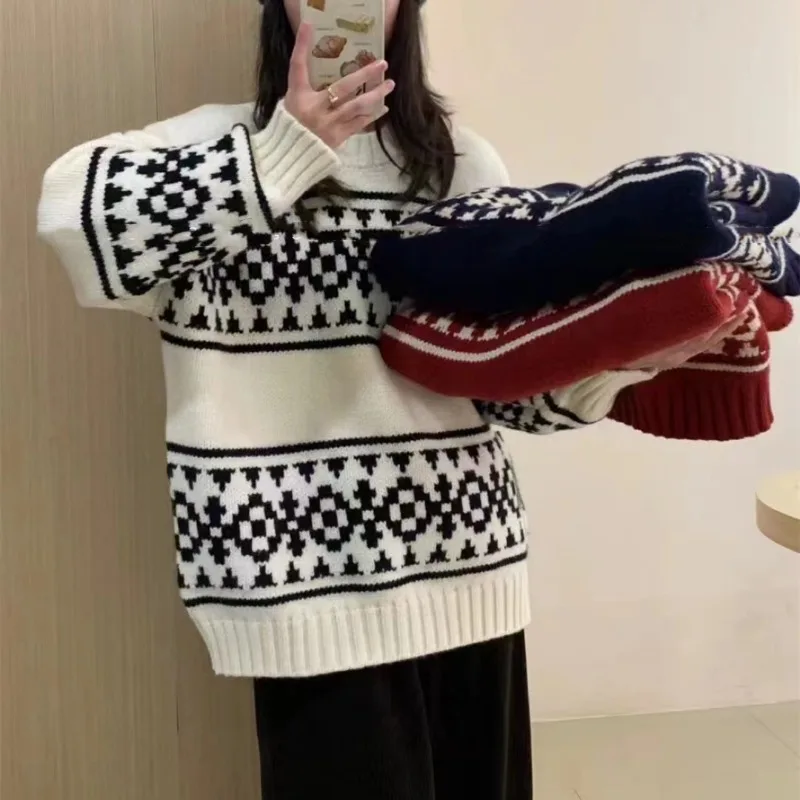 

Korean Christmas Red Sweater Women Vintage Jacquard Pullovers Autumn and Winter New Loose Soft Knitted Top Female