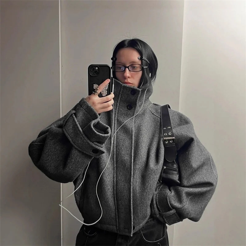 Stylish and Comfortable High-end Design Stand-up Collar Double-breasted Women's Winter Loose Commuter Woolen Jacket