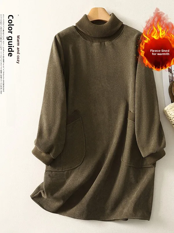 Vestido de Mole de Fce Espo para Mulheres, Outono Inverno, Solto, Gola Alta, Camada Base, Saia Casual A-Line