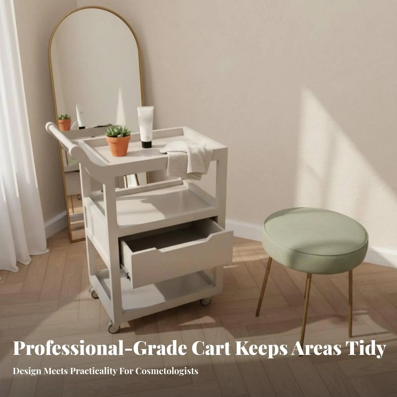 3 Tier Wooden Spa Utility Cart with Locking Casters for Esthetician Lash Artist Storage