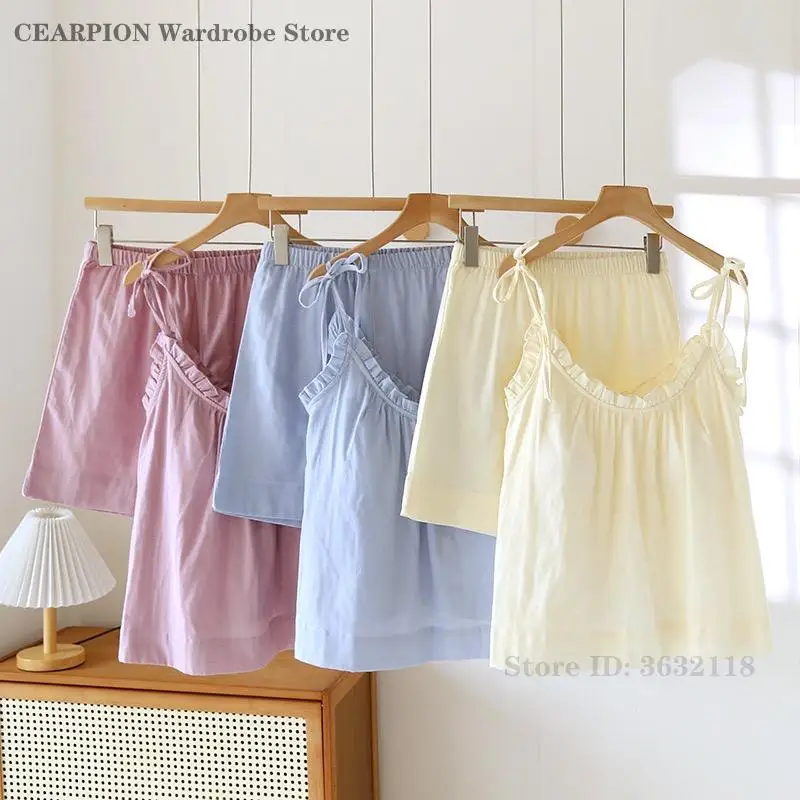 

Summer Pajamas Women Spaghetti Strap Cami&shorts 2 Piece Set Sleepwear Cotton Pijama Mujer Girls Nightwear with Chest Cushion