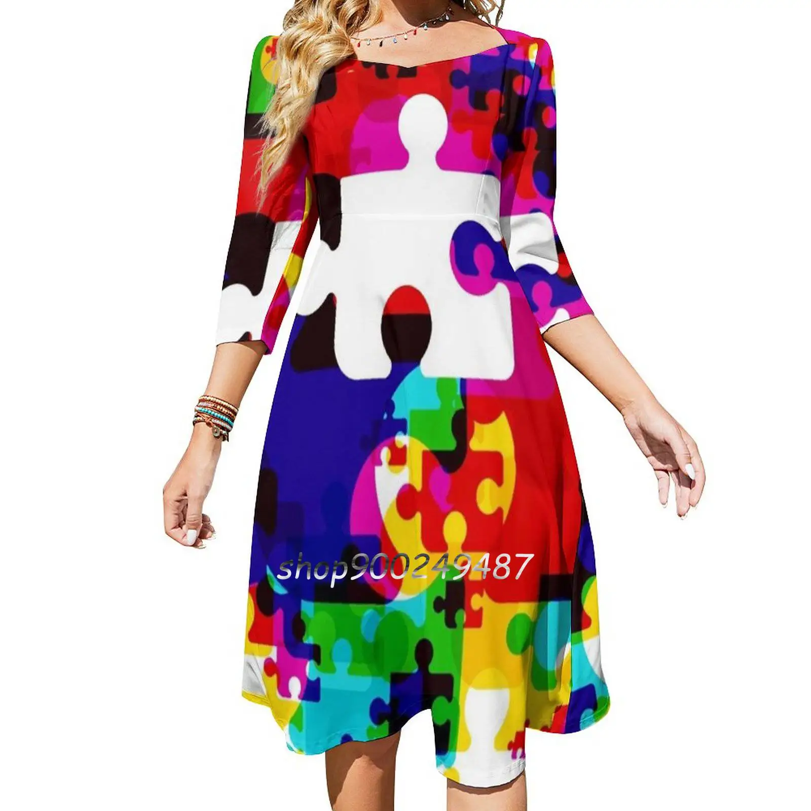 Jigsaw Pieces Flare Dress Multiple styles Print Dress Short and Long Sleeve Dress Jigsaw Piece Overlay Pattern Color Colour