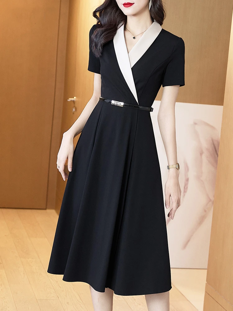 2024 Summer New Black V-neck Hepburn Style Corseted Waist Cinched Waist Slim Retro Temperament Little Black Dress Dress