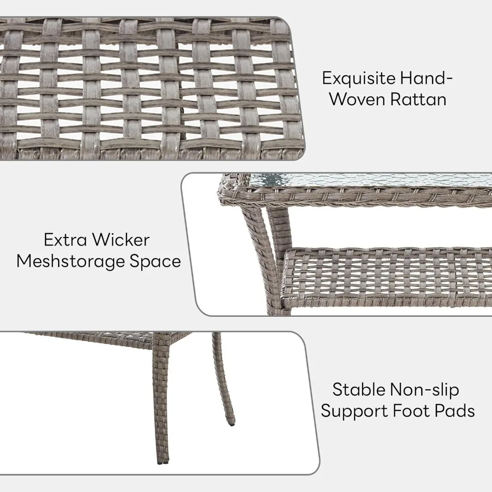 38 Inch Outdoor Coffee Table with 2 Tier Storage - Wicker Coffee Table with Water Ripple Texture Tempered Glass Top, All