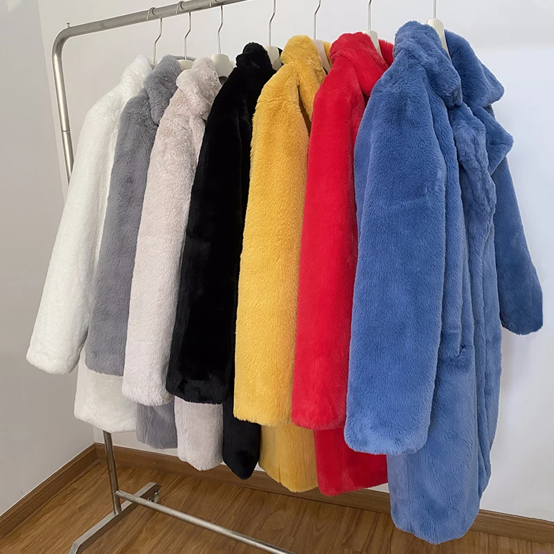 Faux Rabbit Fur Jacket for Women Monochrome Plush Coat Thicken Warm Winter Outcoat Chic Girls Clothes Long Lapel Collar Fake Fur