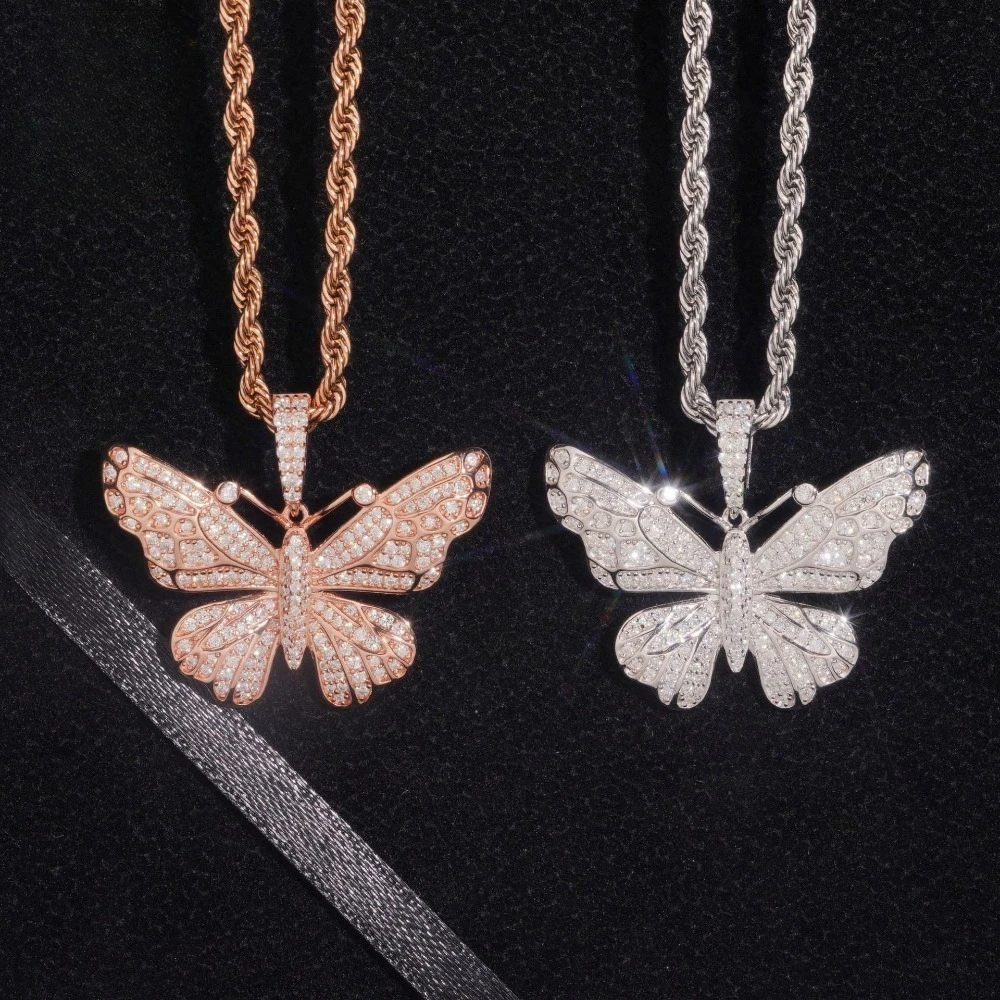 Iced Moissanite Butterfly Pendant for Women 925 Sterling Silver Minimalist Choker Necklaces Daily Wear Pass Tester Gift