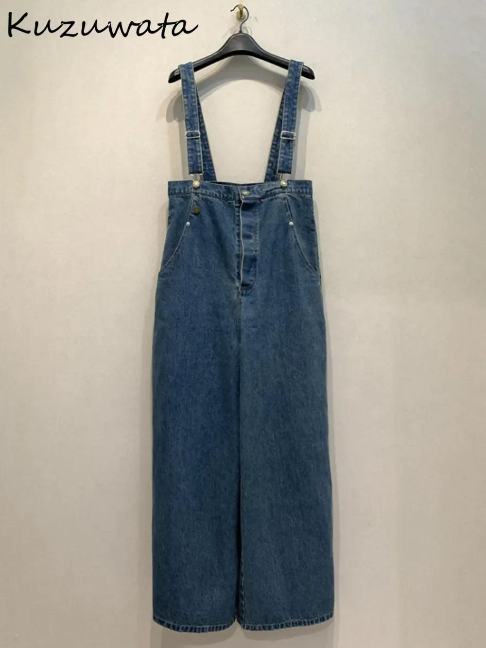 Kuzuwata Vintage Harajuku Slim High Waist Pants Denim Patchwork American Wide Leg Pant Japan Overall Casual Loose Soft Rompers