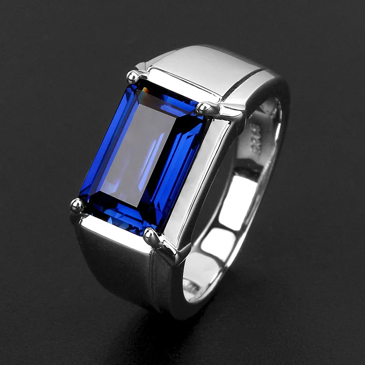 Men\'s Eternity 925 Sterling Silver Square natural Blue Sapphire Stone Solitaire Rings For Men Resizable ring jewelry gift