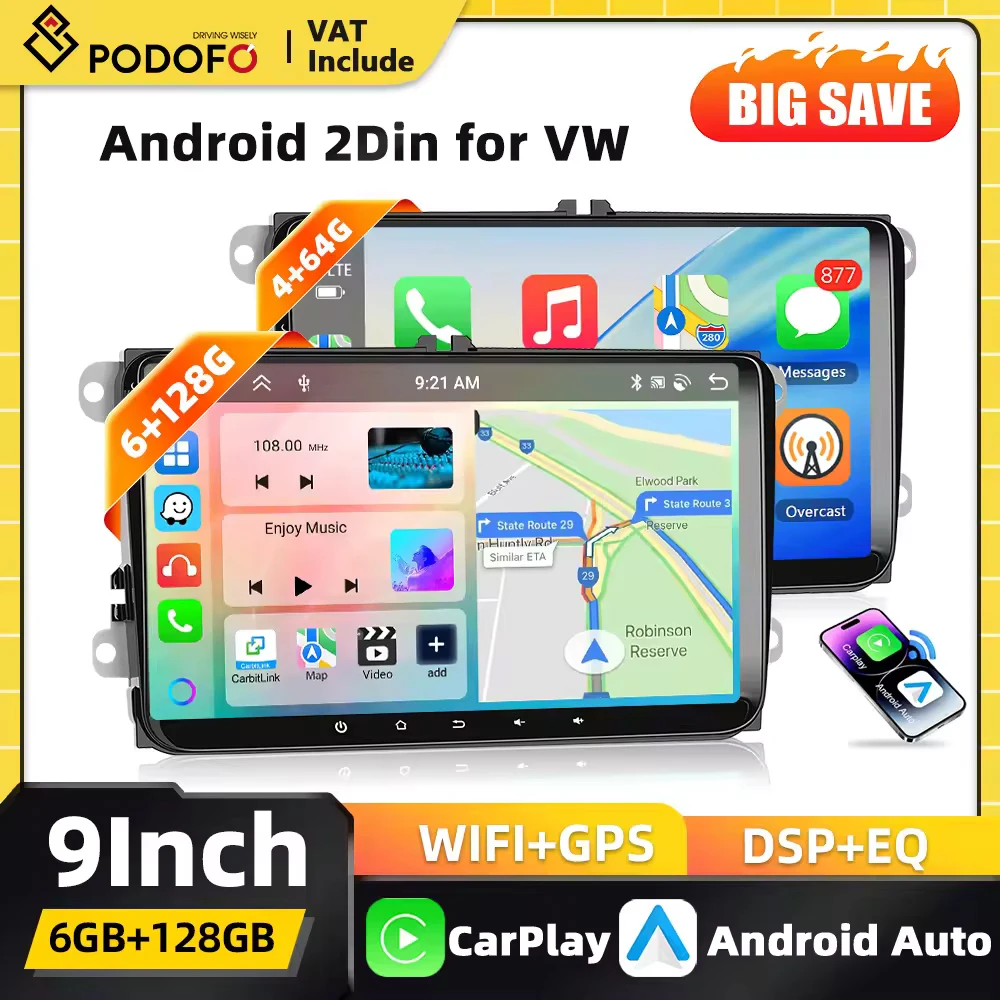 Podofo 9-Zoll Carplay 2Din Autoradio für Skoda GOLF VW PASSAT B6 MAGOTAN VARIANT PASSAT Auto-Audio Android Auto GPS Mirror Link BT FM