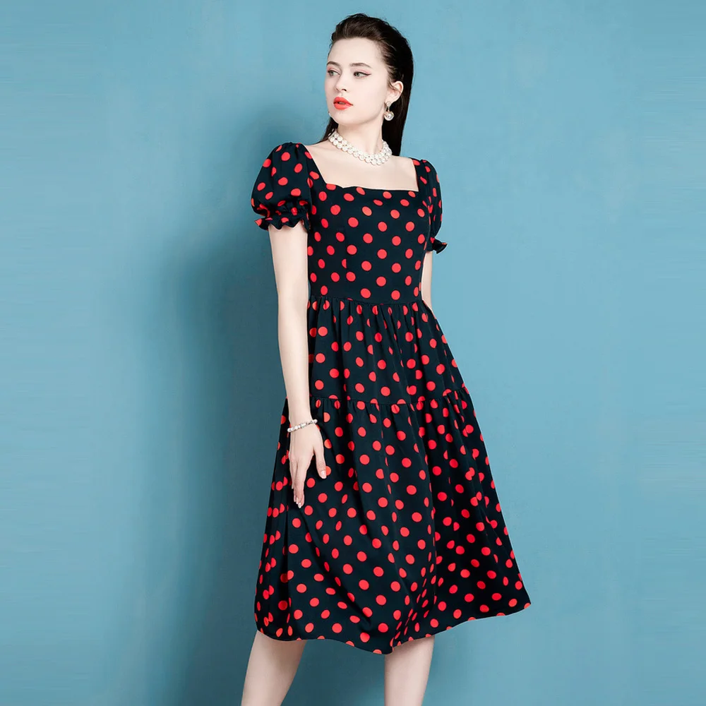 High End Retro Dress Women Summer New French Lady Fashion Temperament Wave Point Skirt