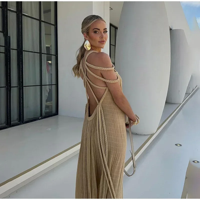 

Khaki Hollow Out Lace Up Backless Women Long Dress Sexy Off Shoulder Sleeveless Maxi Dresses 2024 Summer Party Vacation Vestidos