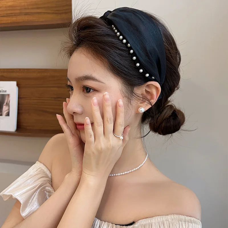 Hair Band Girls Solid Color Pearl Fabric Headband for Women Wide Padded Hair Hoop Headwear Wholesale Fashion Hair Accessories