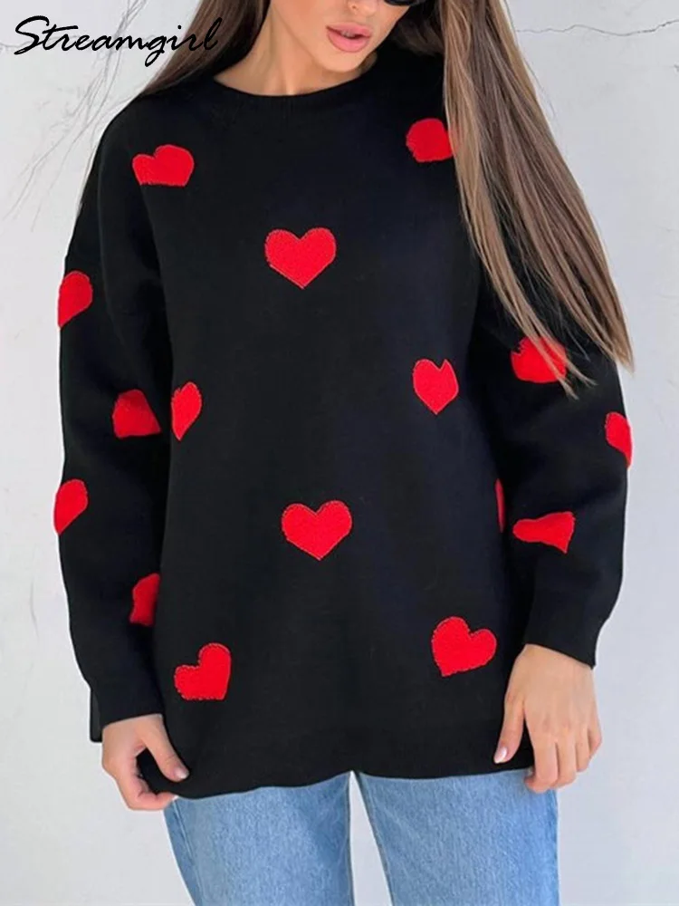 Streamgirl Heart Embroidery Christmas Sweater Women Oversize Pink Thick Knitwear Pullover Jumper Spring Women\'s Sweaters Elegant