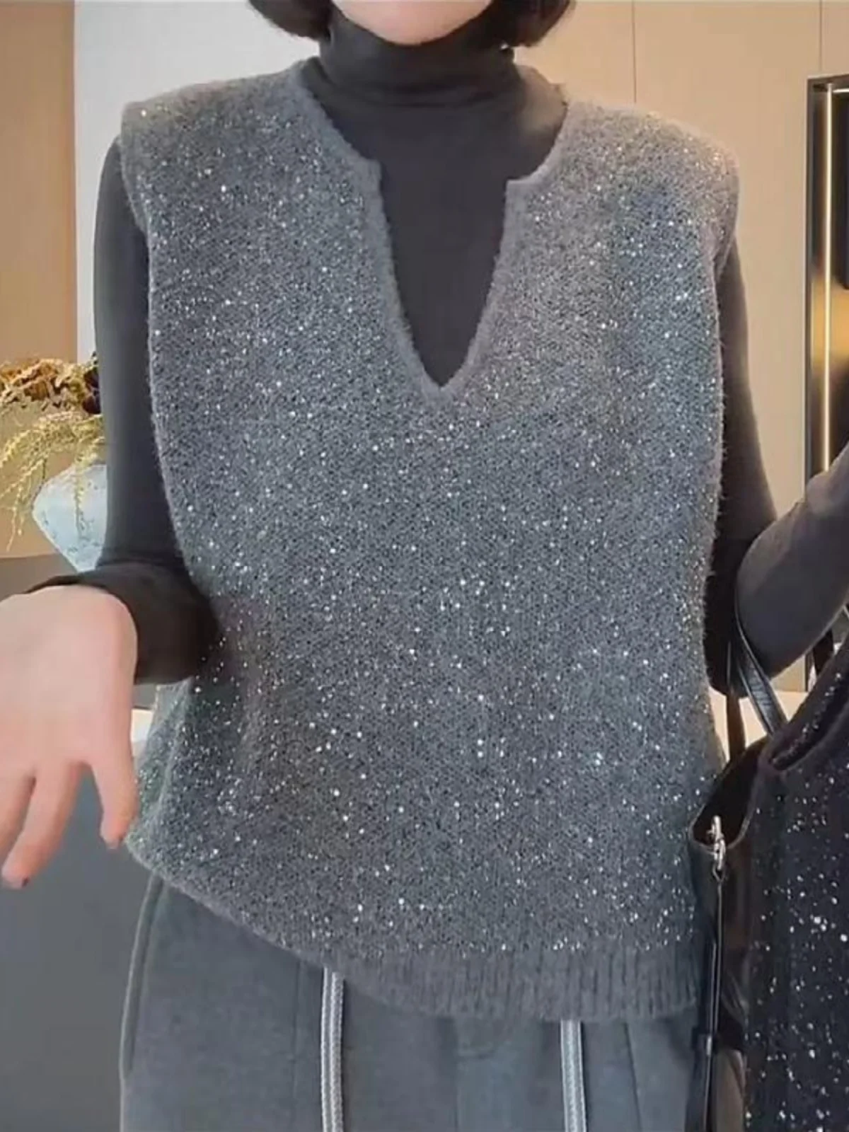 

iny Sequin Svel Knitted Vest Women's Loose Fit Top Outerwear Commute Sle V-Ne Regular Length Pure Color