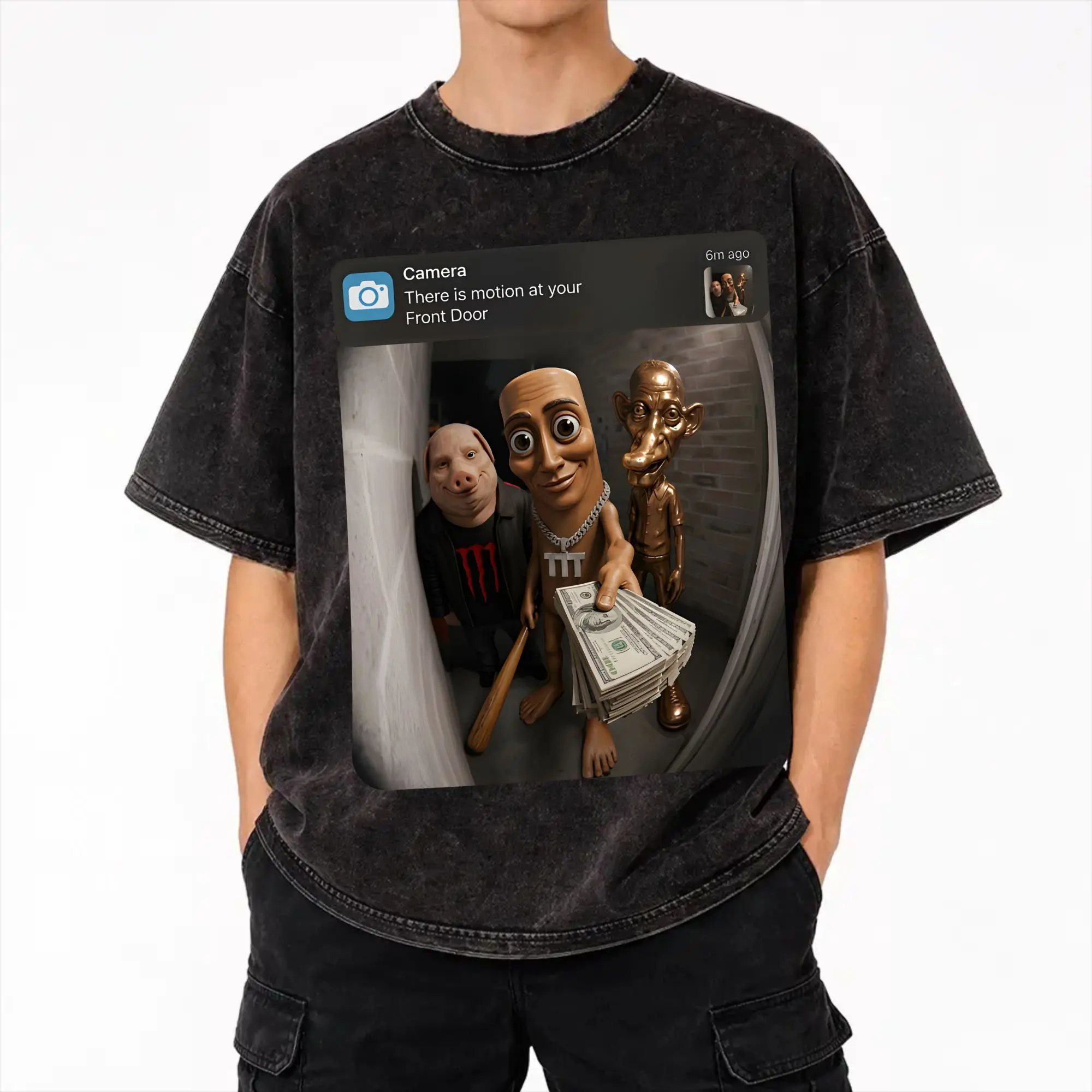 Black There Is Motion At Your Front Door Tung Sahur John Pork Neegy Flexing Money  Outfit Washed T Shirt Men Women Streetwear