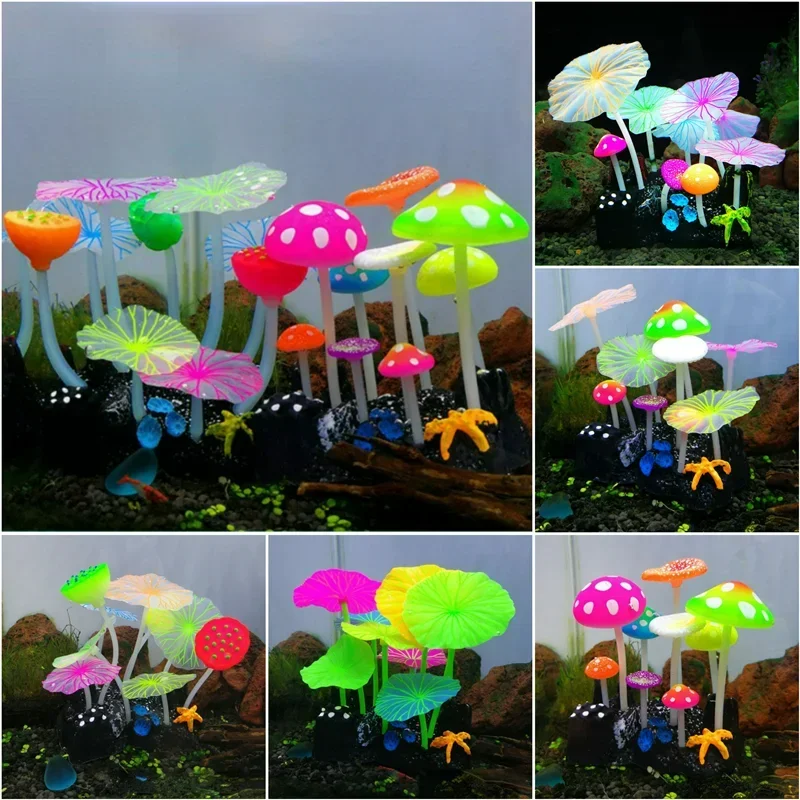 1pcs aquariums color tank landscape decorations luminous simulation aquatic plants mushroom lotus leaves fish tank decorations